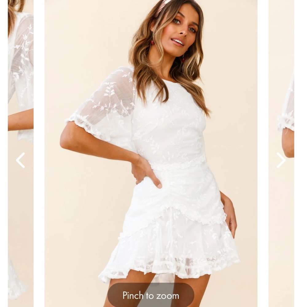 Selfie Leslie LEONA HALF SLEEVE FRILL TRIM DRESS LEAF EMBROIDERED WHITE